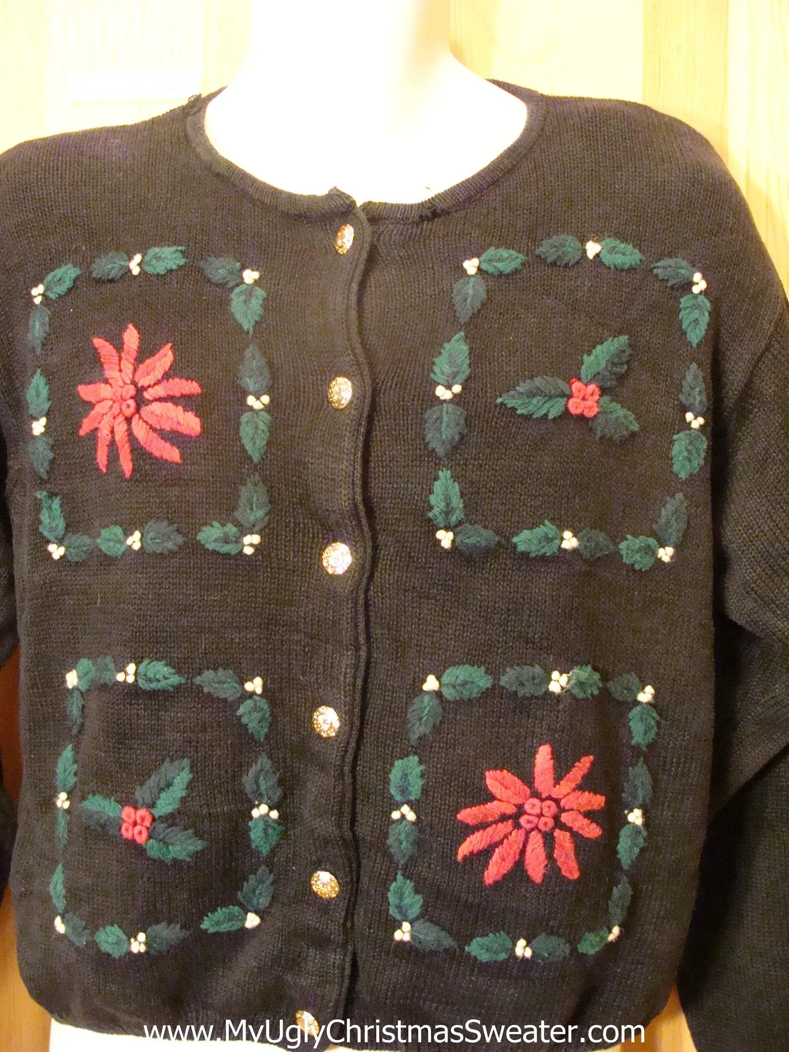 80s Ugly Christmas Sweater with Poinsettias, Ivy