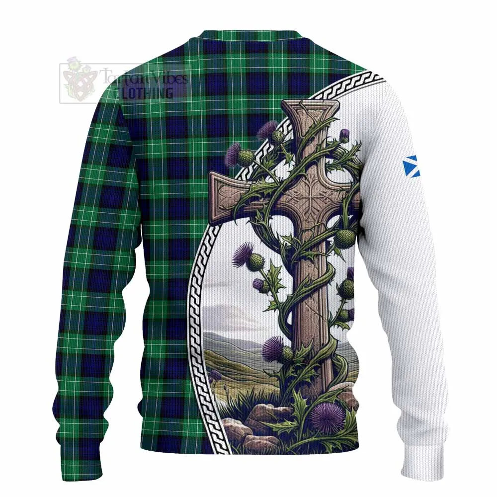 Abercrombie Tartan Knitted Sweater with Family Crest and St. Andrew's Cross Accented by Thistle Vines