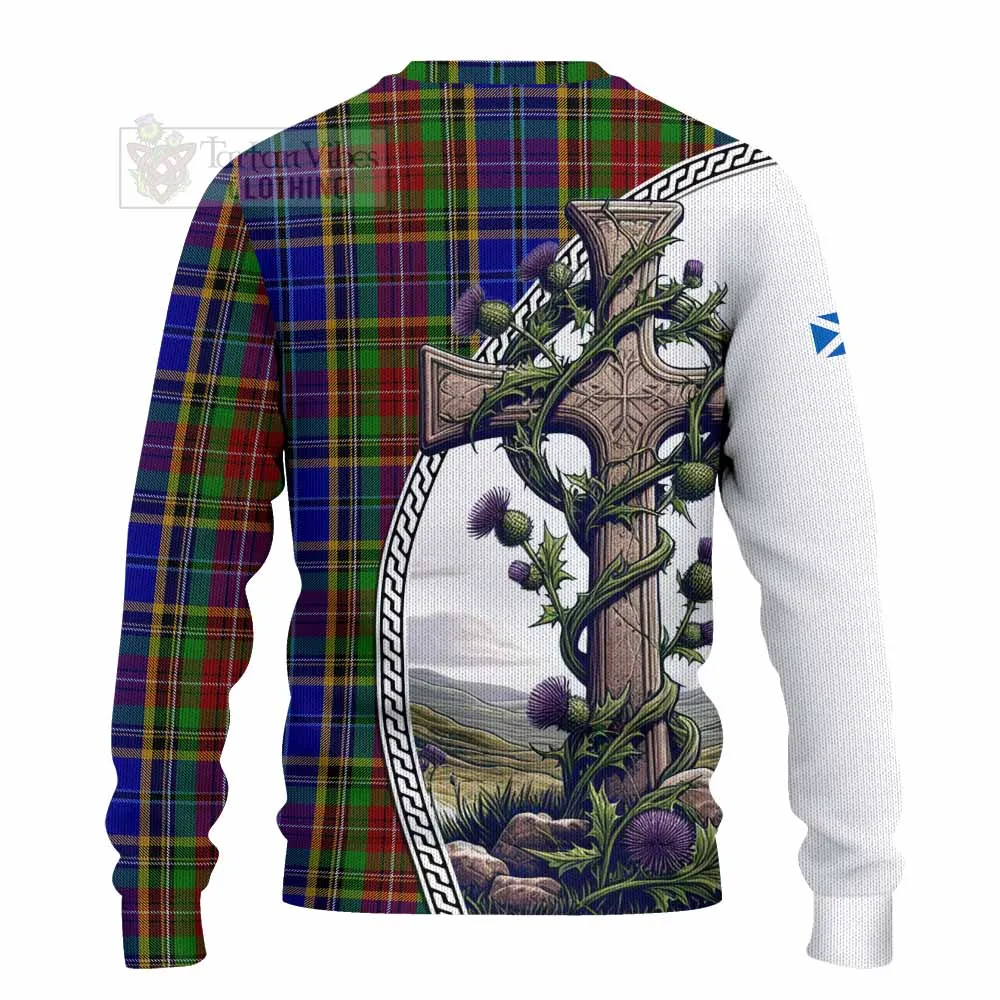 Beattie (Beatty) Tartan Knitted Sweater with Family Crest and St. Andrew's Cross Accented by Thistle Vines