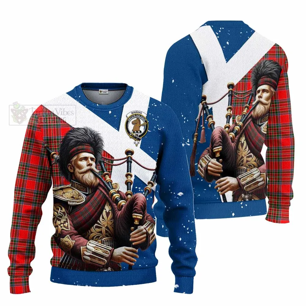 Binning Tartan Knitted Sweater with Family Crest Scottish Bagpiper Vibes