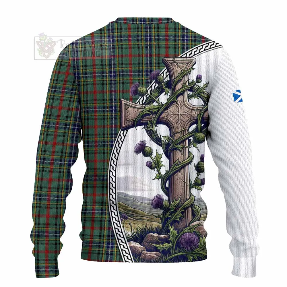 Bisset Tartan Knitted Sweater with Family Crest and St. Andrew's Cross Accented by Thistle Vines