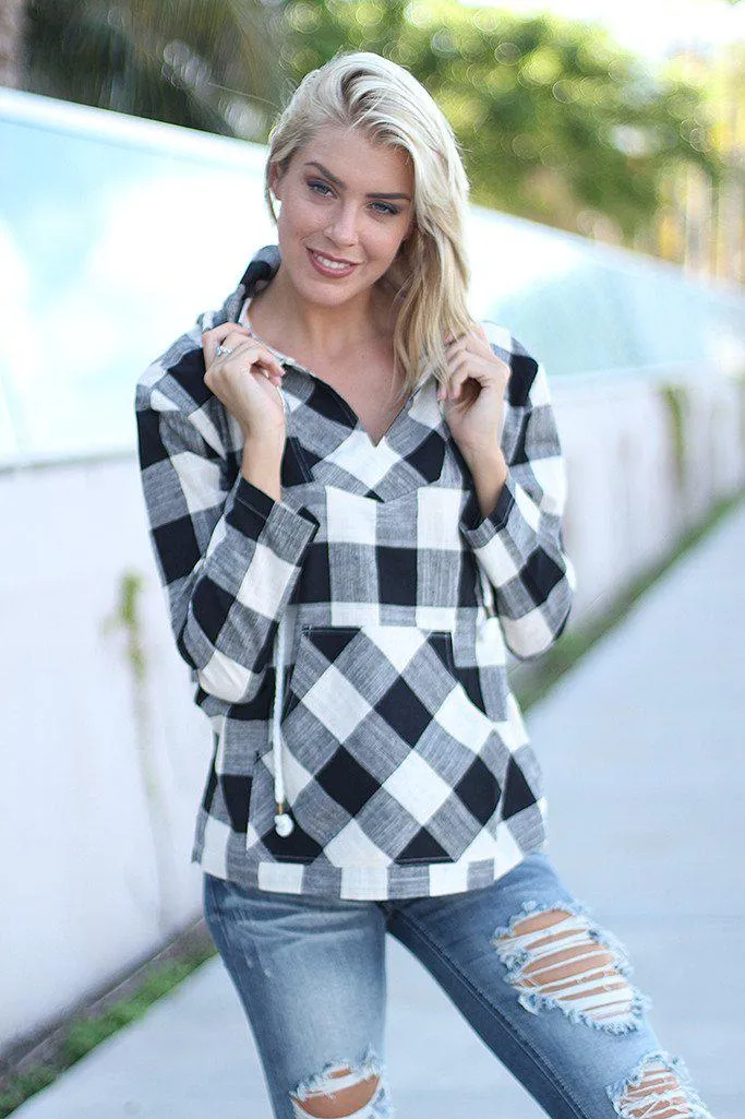 Black And White Plaid Hoodie With Pocket