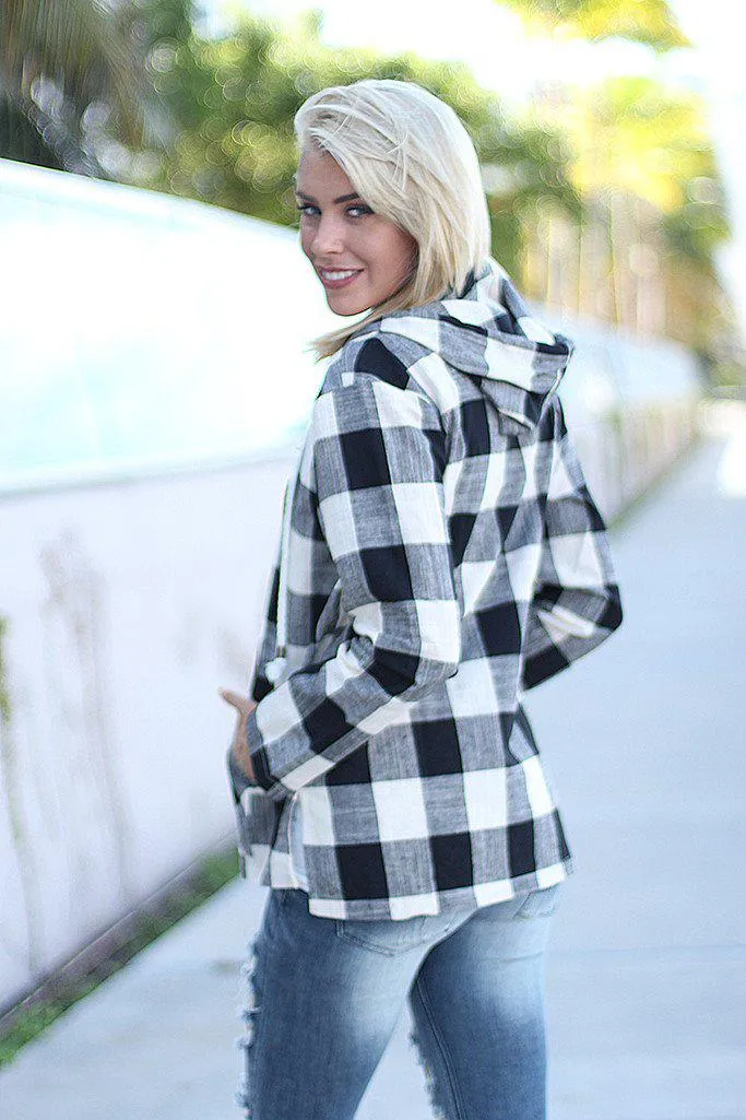 Black And White Plaid Hoodie With Pocket