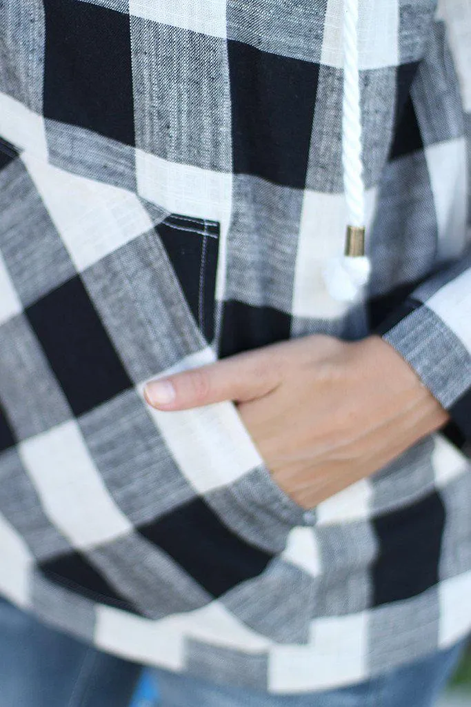 Black And White Plaid Hoodie With Pocket