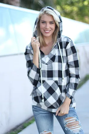 Black And White Plaid Hoodie With Pocket