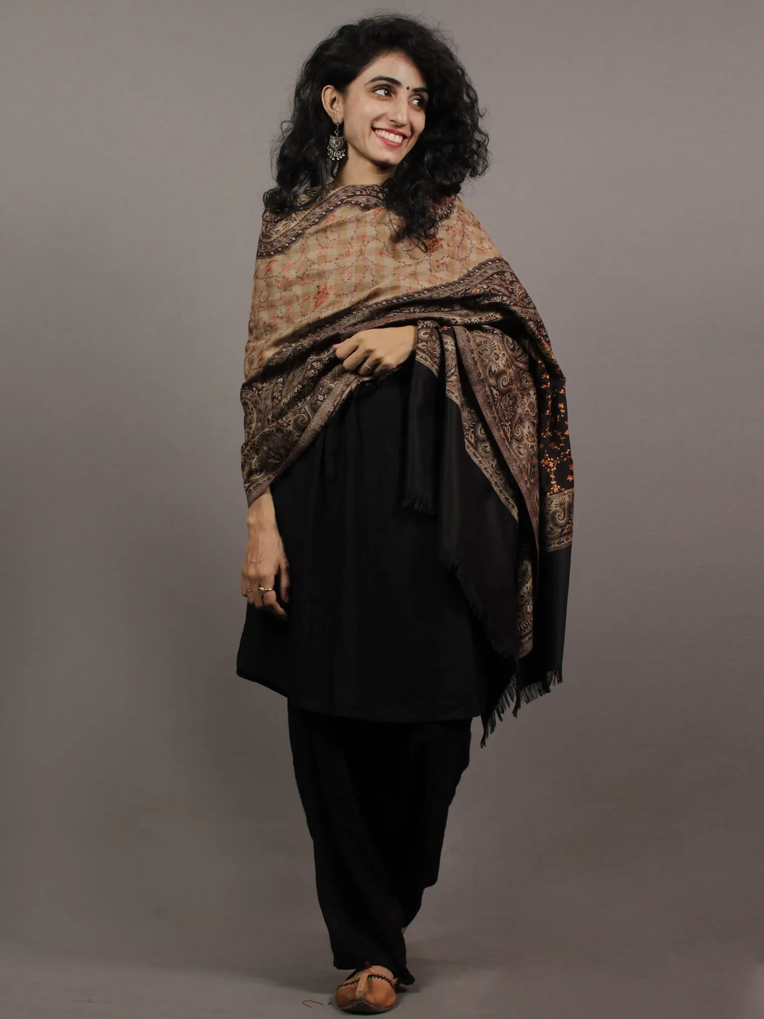 Black Beige Peach Orange Needle Point Embroidered Woolen Cashmere Jacquard Stole - S6317177