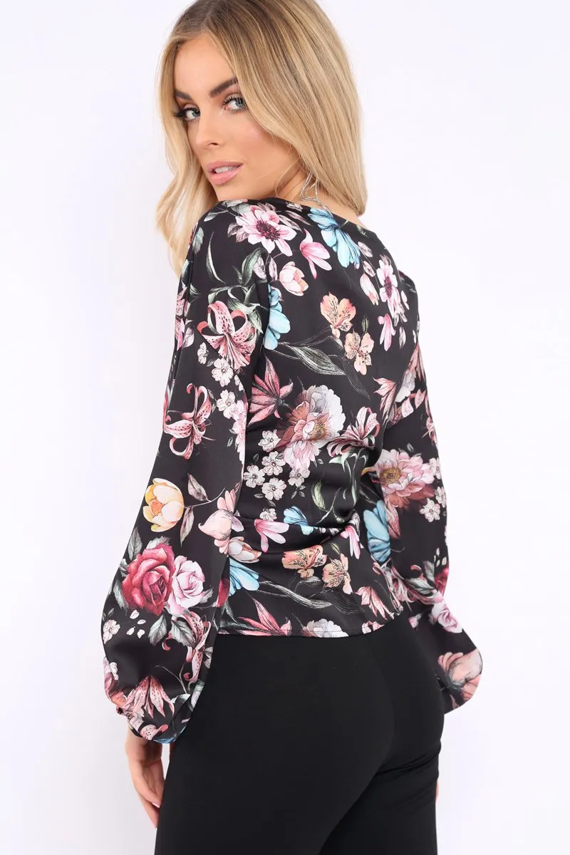 Black Floral Ruffle Sleeve Wrapover Top - Hayla