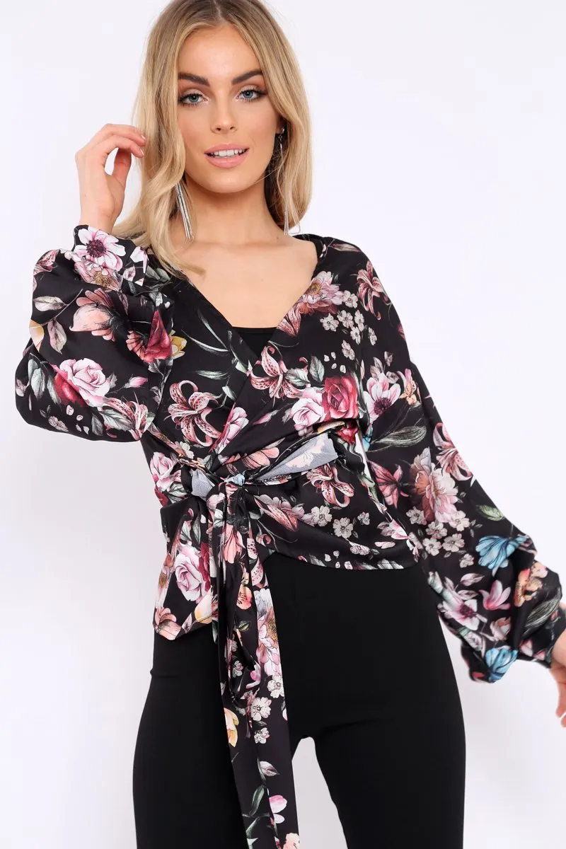 Black Floral Ruffle Sleeve Wrapover Top - Hayla