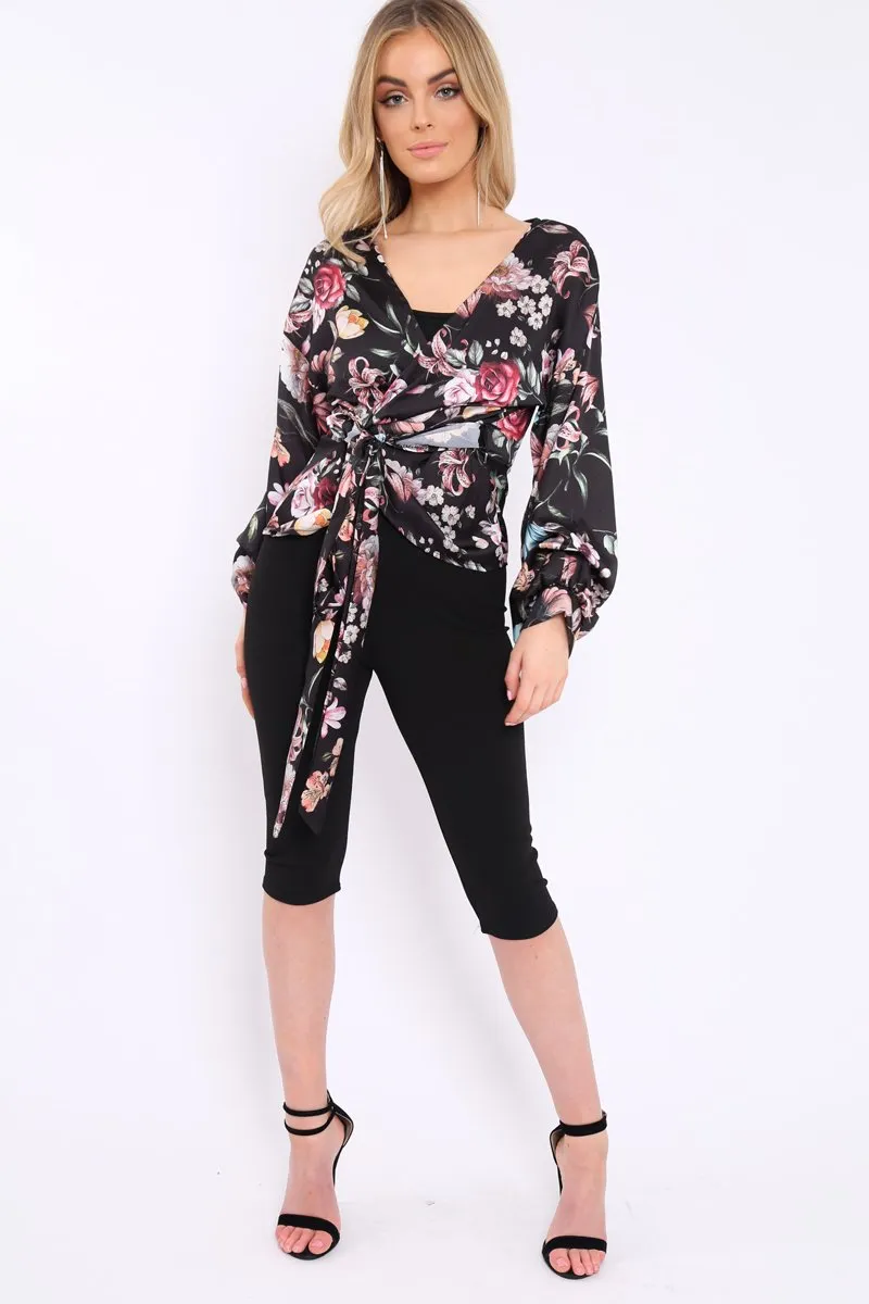 Black Floral Ruffle Sleeve Wrapover Top - Hayla