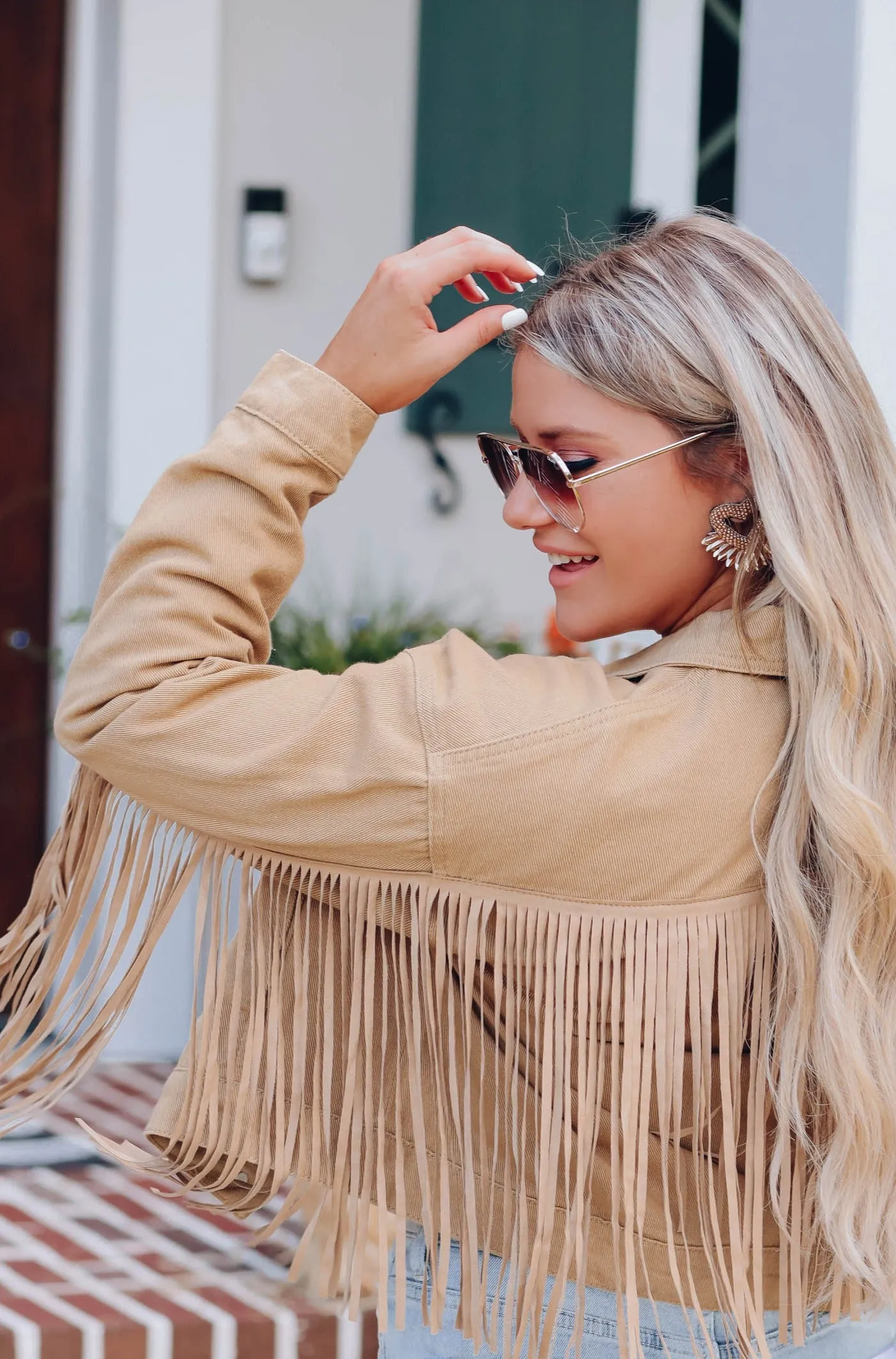 Blushing Cowgirl Fringe Denim Jacket - Tan