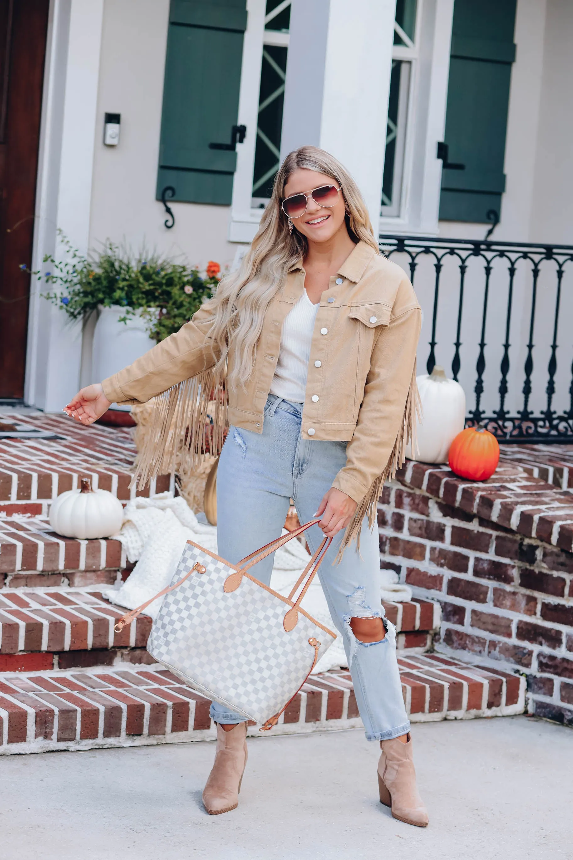 Blushing Cowgirl Fringe Denim Jacket - Tan