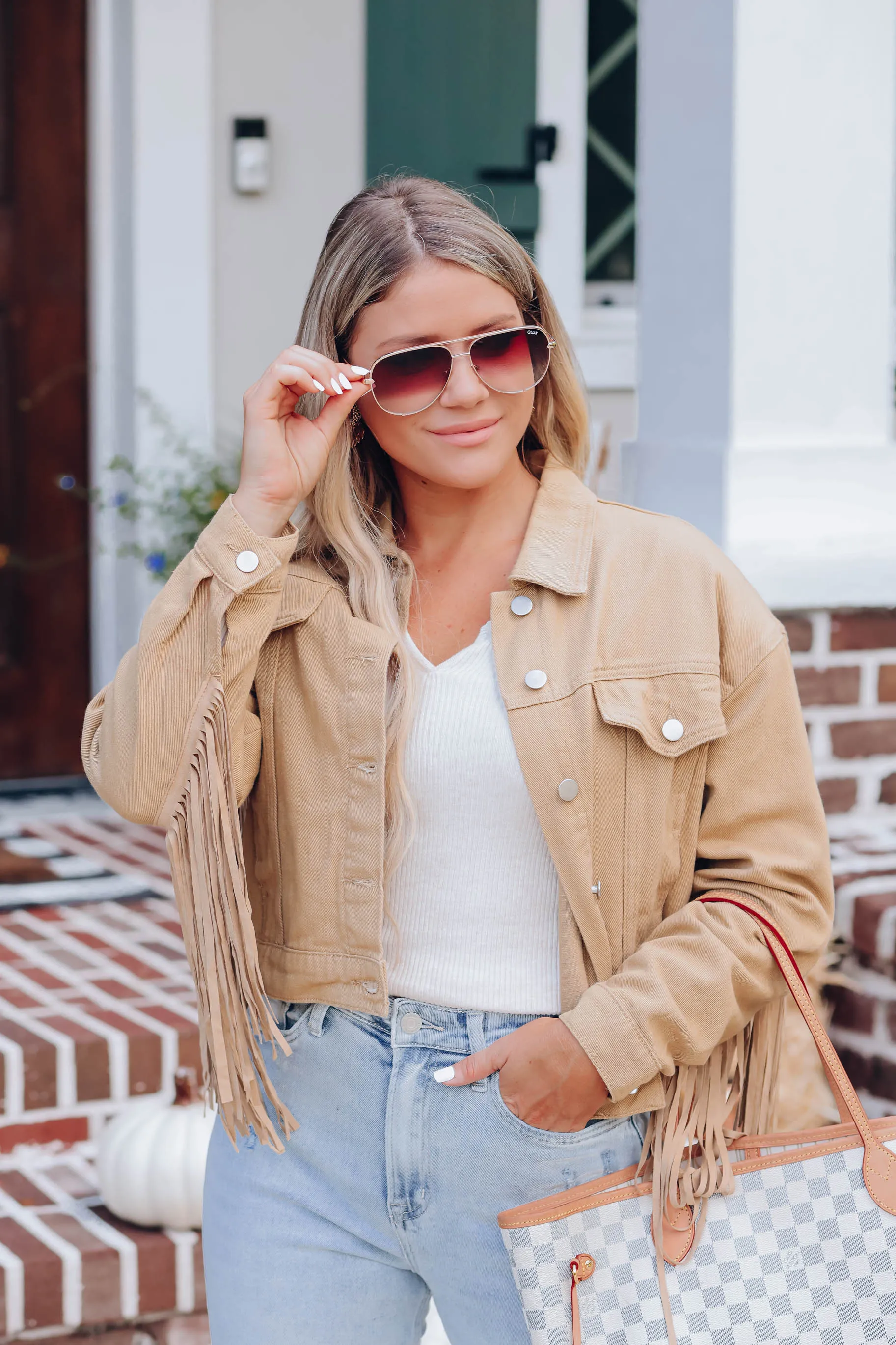 Blushing Cowgirl Fringe Denim Jacket - Tan