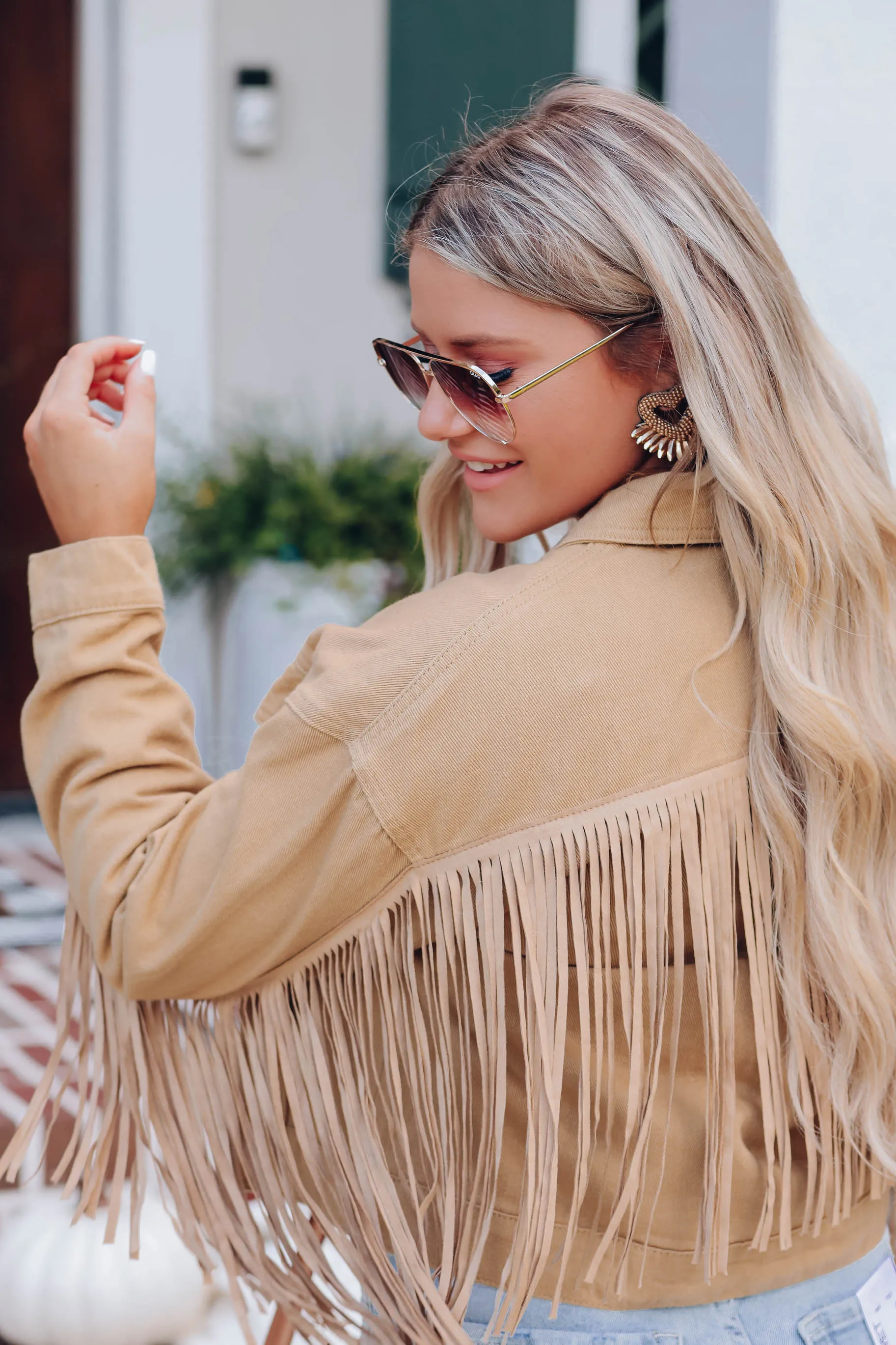 Blushing Cowgirl Fringe Denim Jacket - Tan