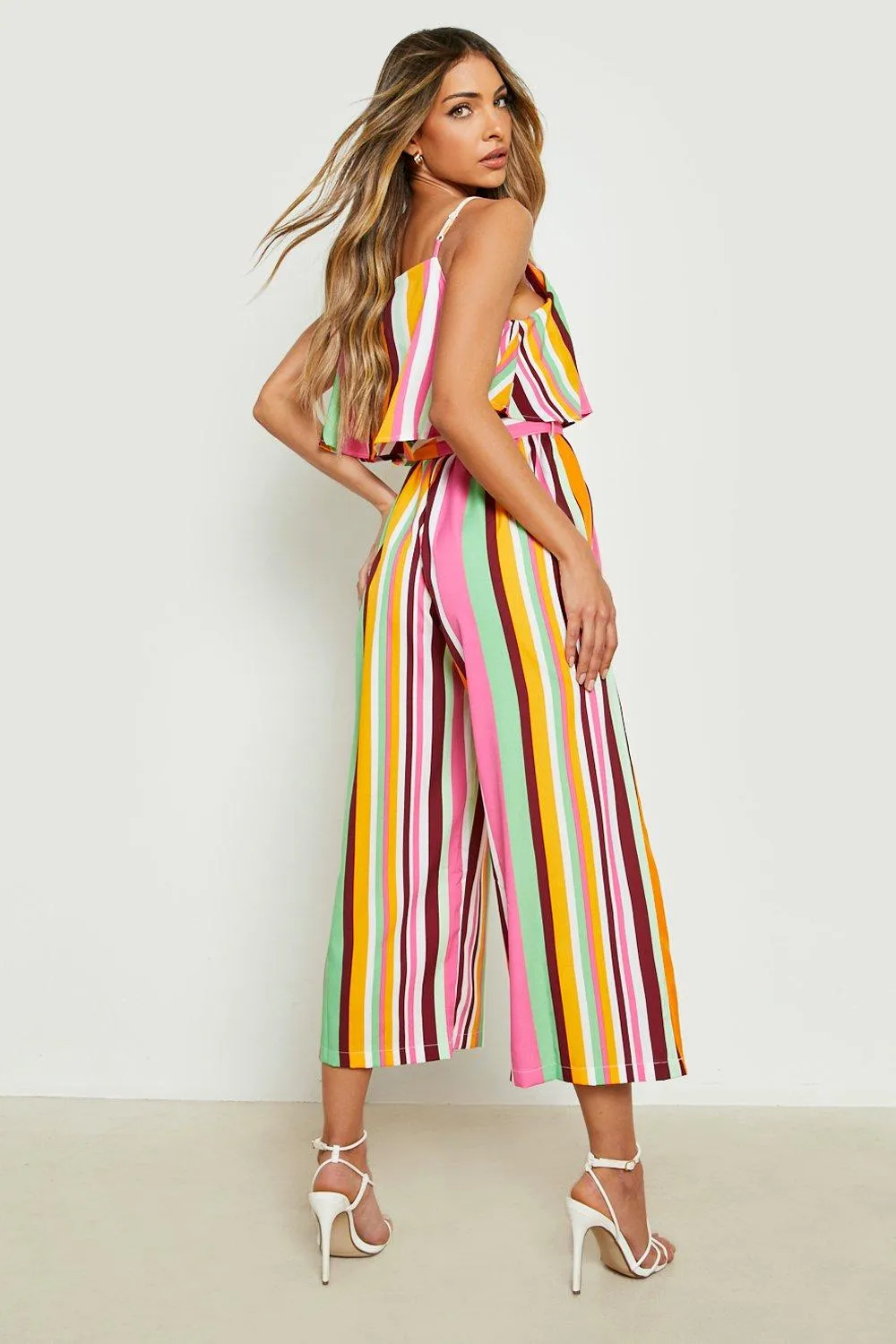 Boohoo Double Layer Striped Culotte Jumpsuit, Orange