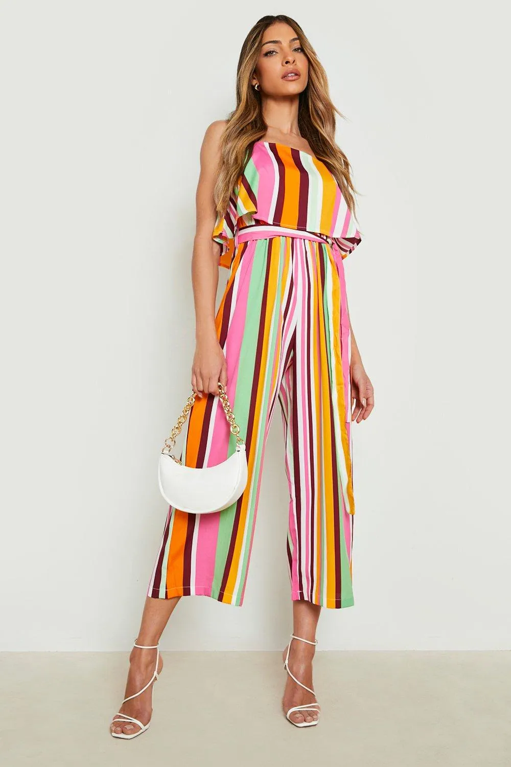 Boohoo Double Layer Striped Culotte Jumpsuit, Orange