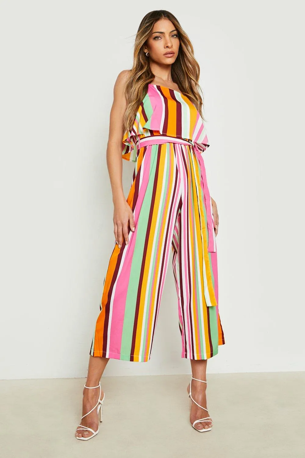 Boohoo Double Layer Striped Culotte Jumpsuit, Orange