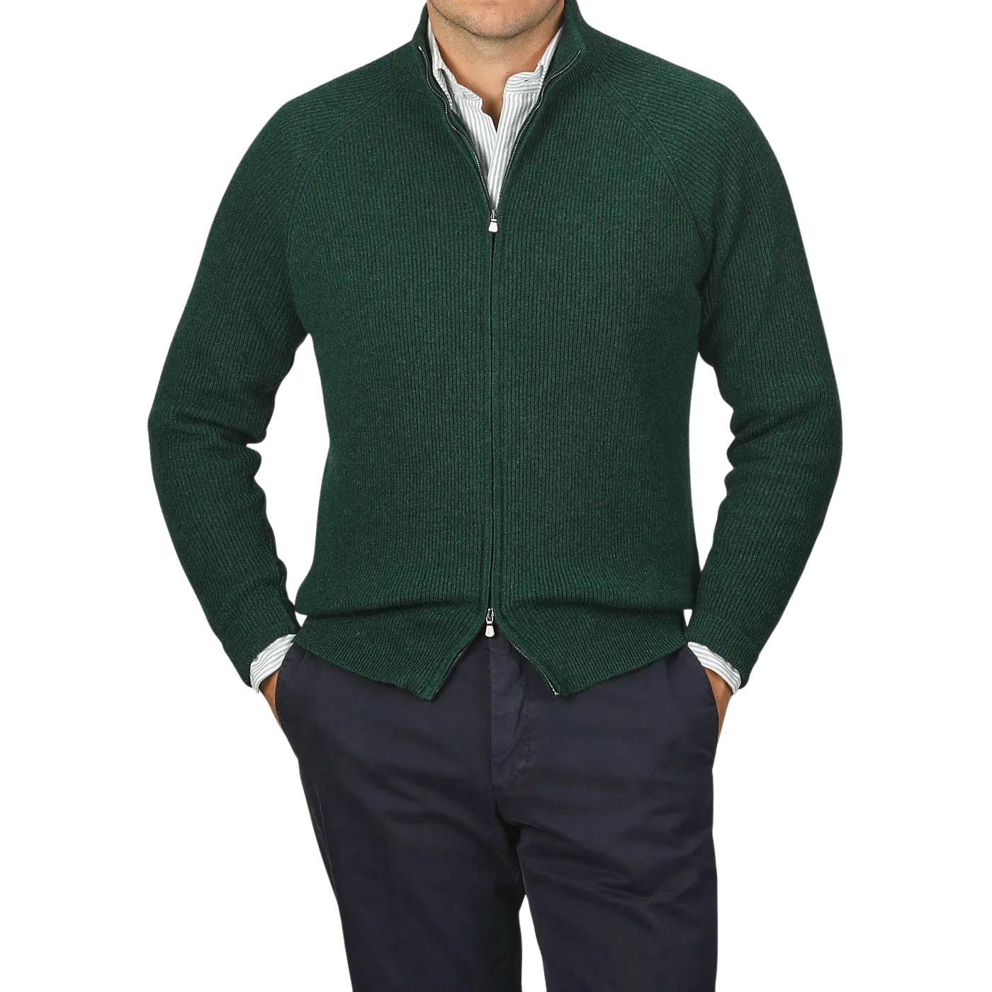 Bottle Green Cashmere Rib Knit Cardigan