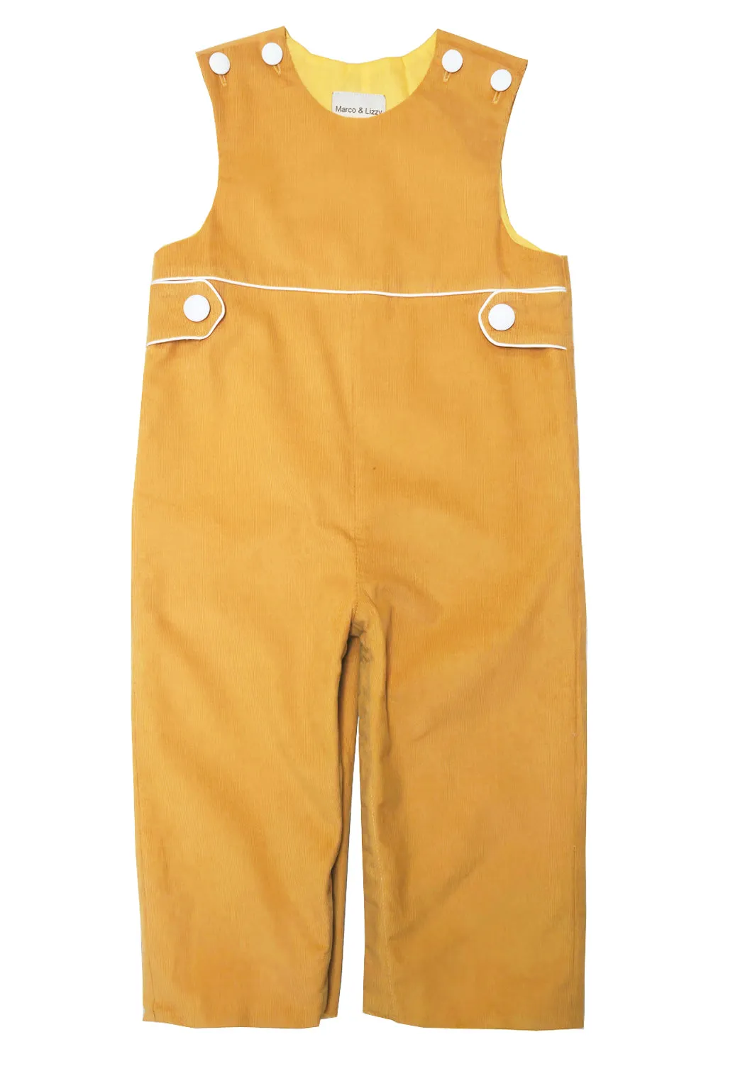 Boy's "Celine and Lucas" Mustard Colored Corduroy Overalls with White Buttons