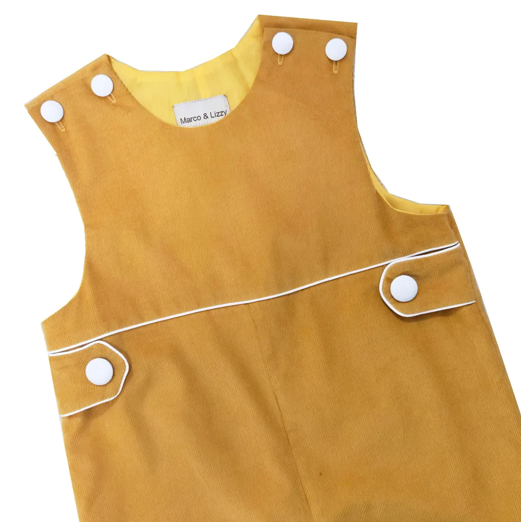 Boy's "Celine and Lucas" Mustard Colored Corduroy Overalls with White Buttons