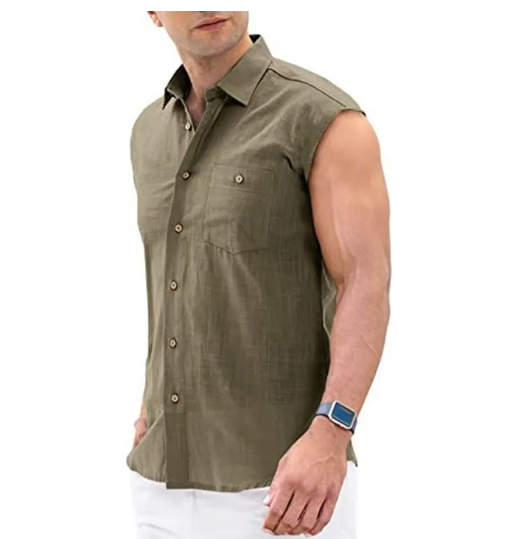 BUTTON LAPEL CASUAL SLEEVELESS CARDIGAN SHIRT MEN'S VEST