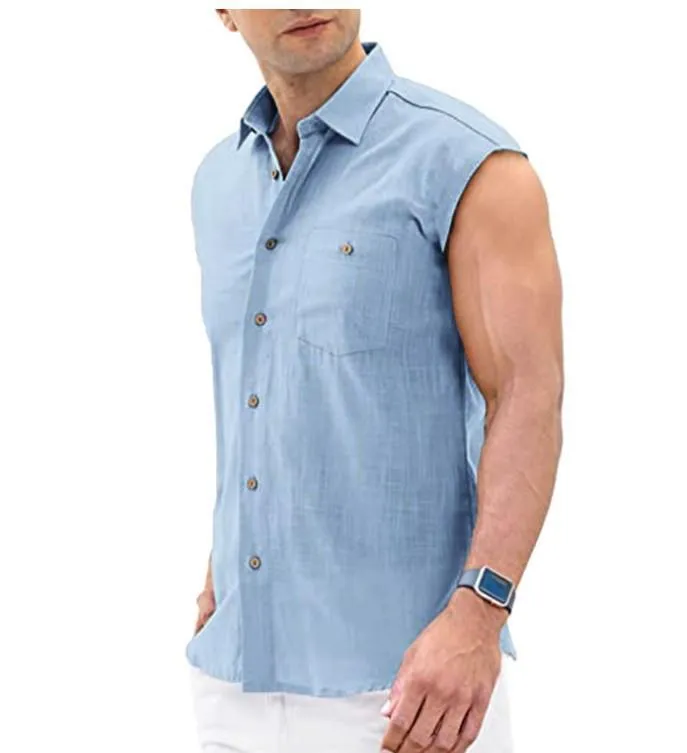 BUTTON LAPEL CASUAL SLEEVELESS CARDIGAN SHIRT MEN'S VEST