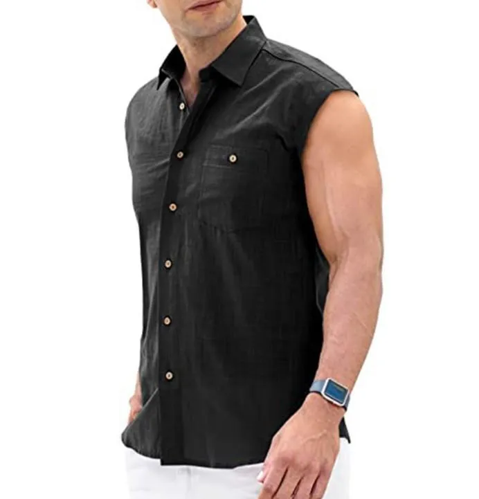 BUTTON LAPEL CASUAL SLEEVELESS CARDIGAN SHIRT MEN'S VEST