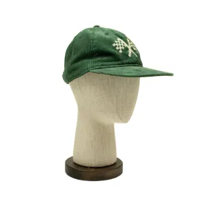 Corduroy cap in green with racing flag chainstitched embroidery