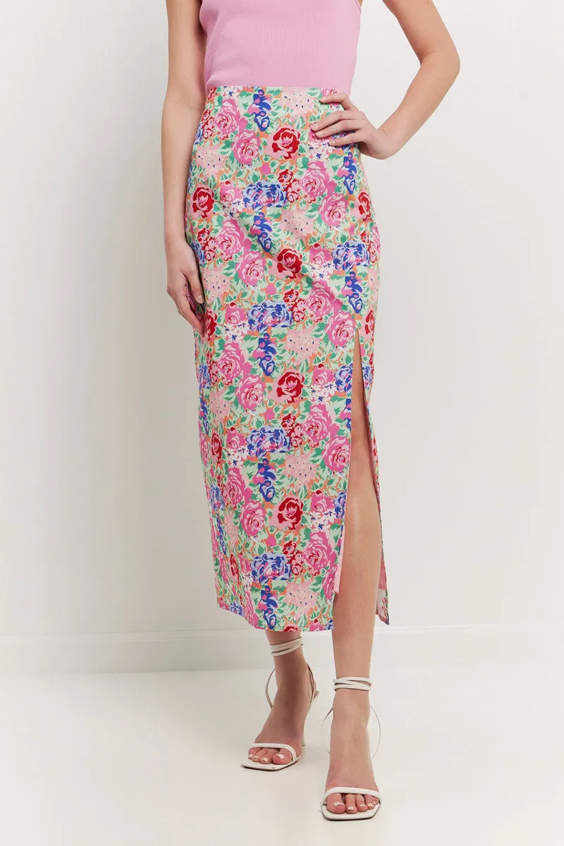 Cotton Floral Print Slit Maxi Skirt