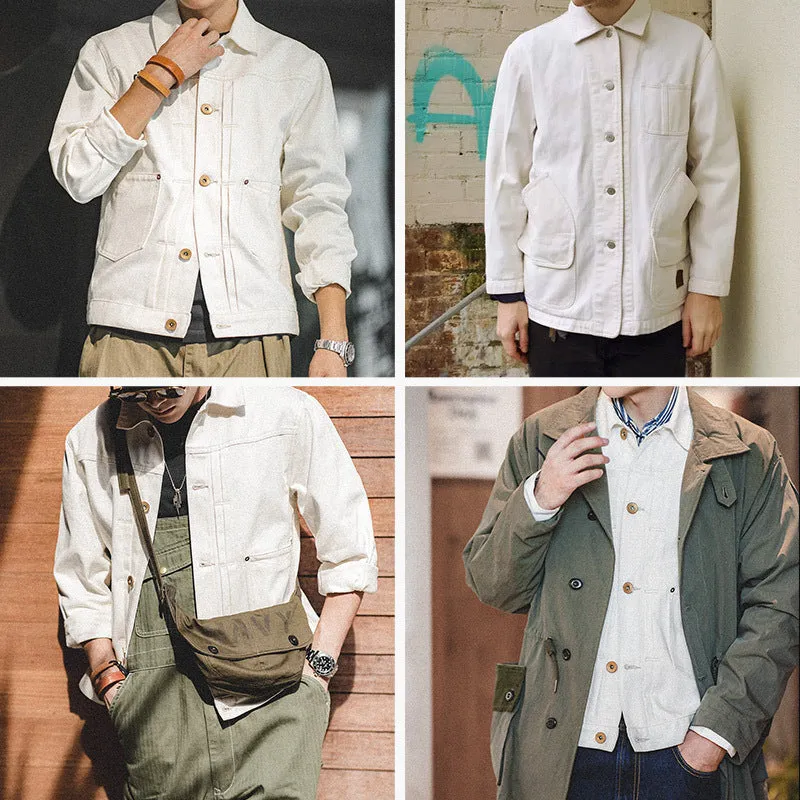 Cream White Retro Buckle Style Denim Jacket