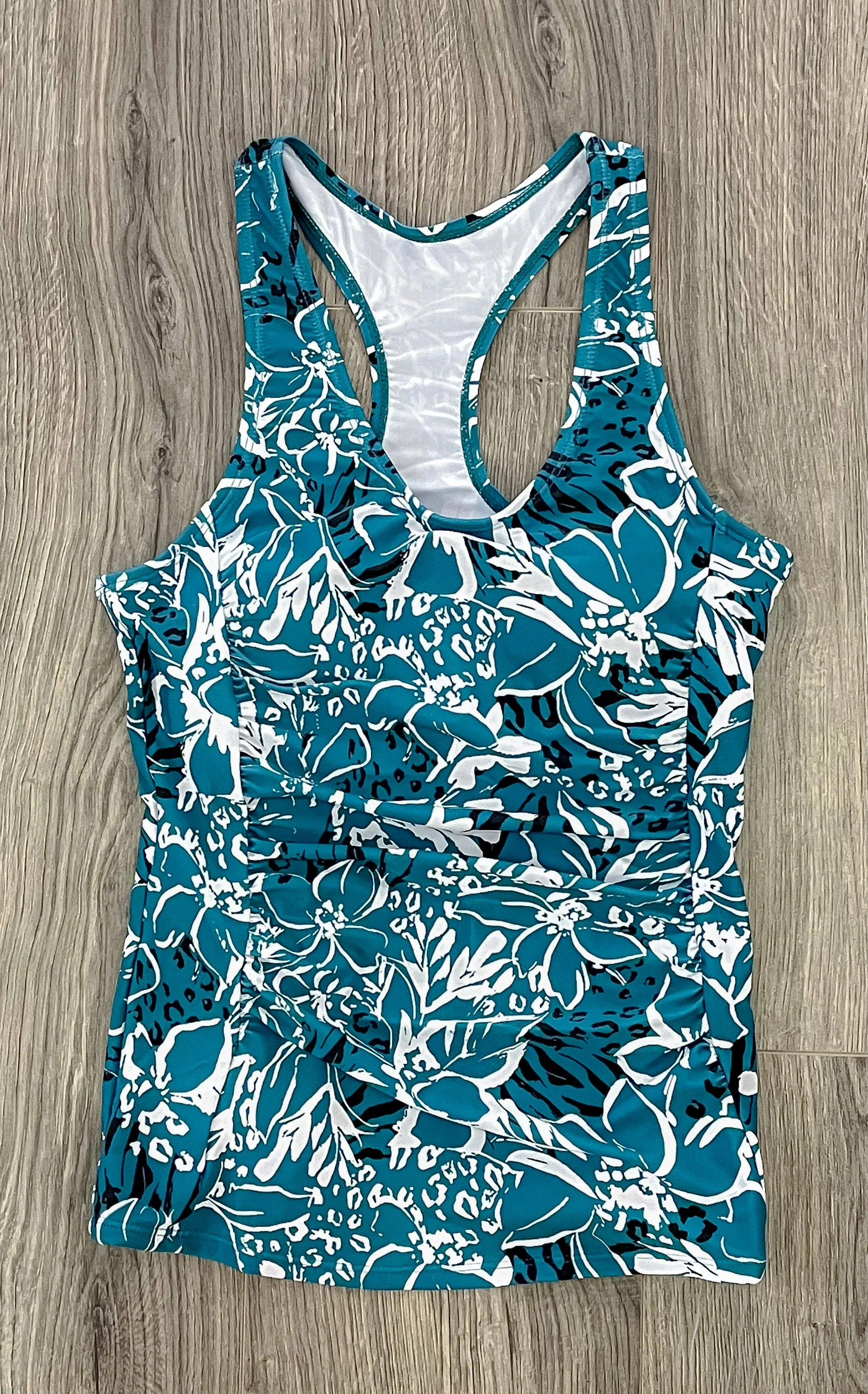 Dark Teal Abstract Floral Skirt Tankini