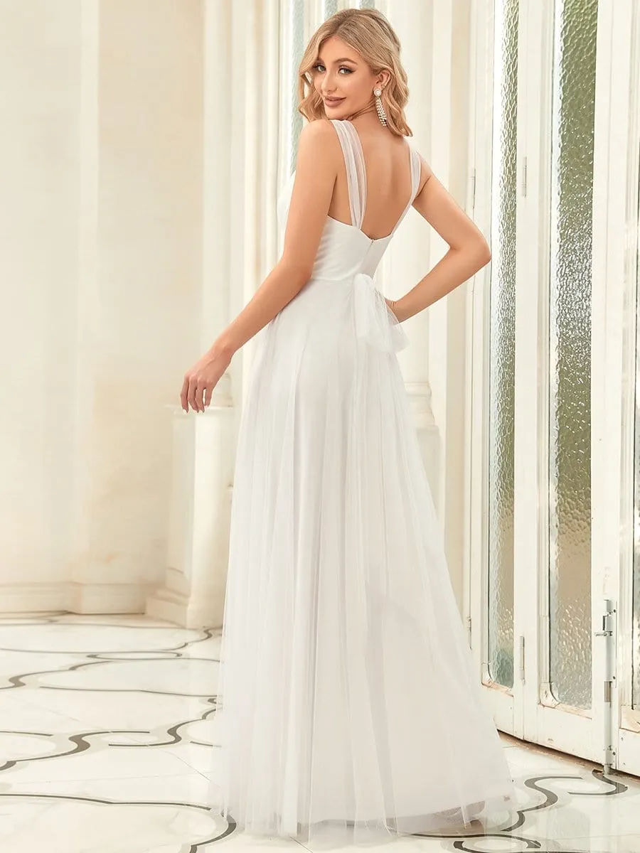 Deep V Neck Pleated Bodice Simple Tulle Wedding Dress