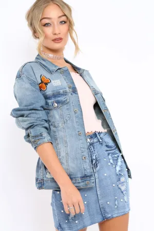 Denim Applique and Slogan Jacket - Idia