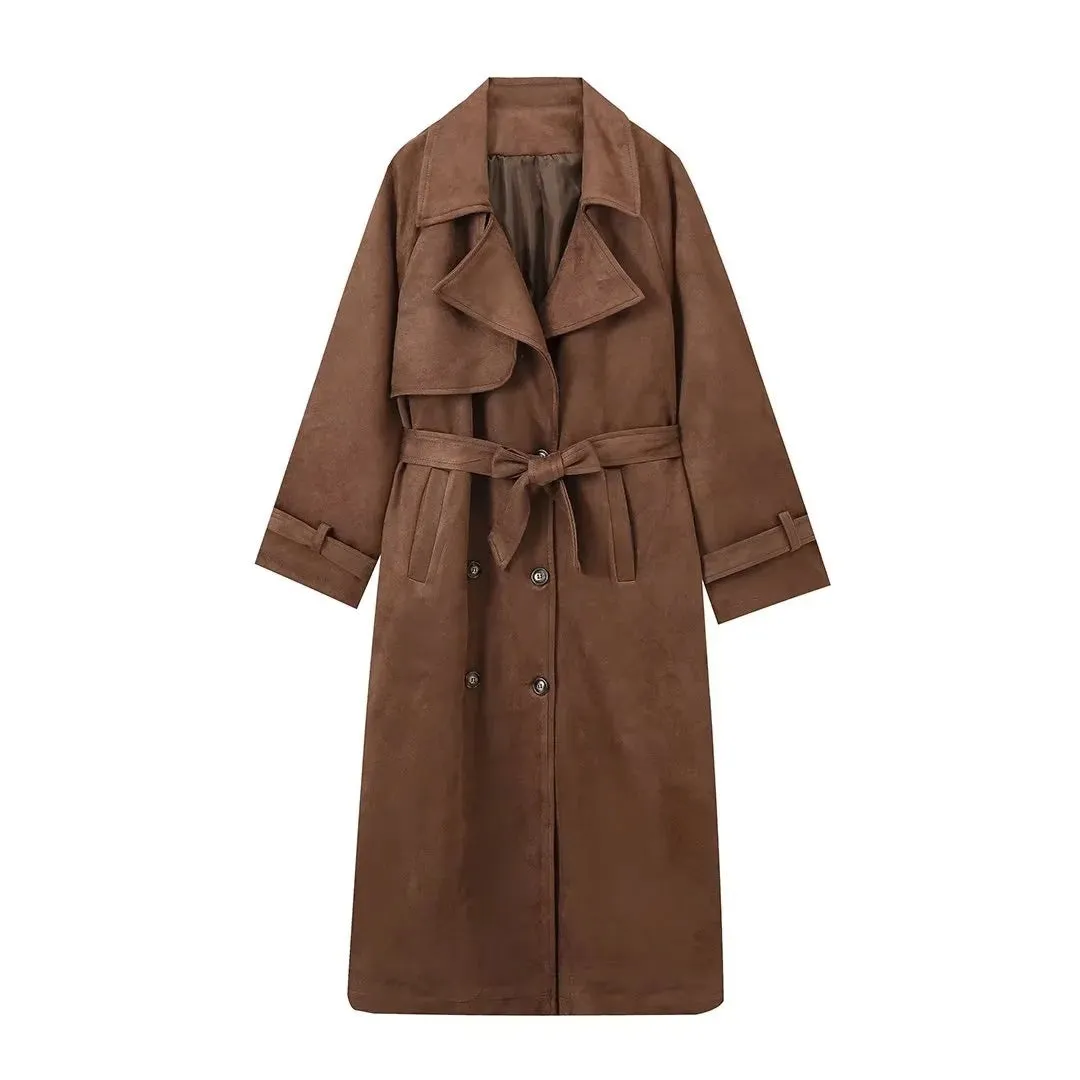 Double Breasted Lapel Shift Coat With Belt Fashion Vintage Suede Long Coat Winter Outwear Women's Clothing