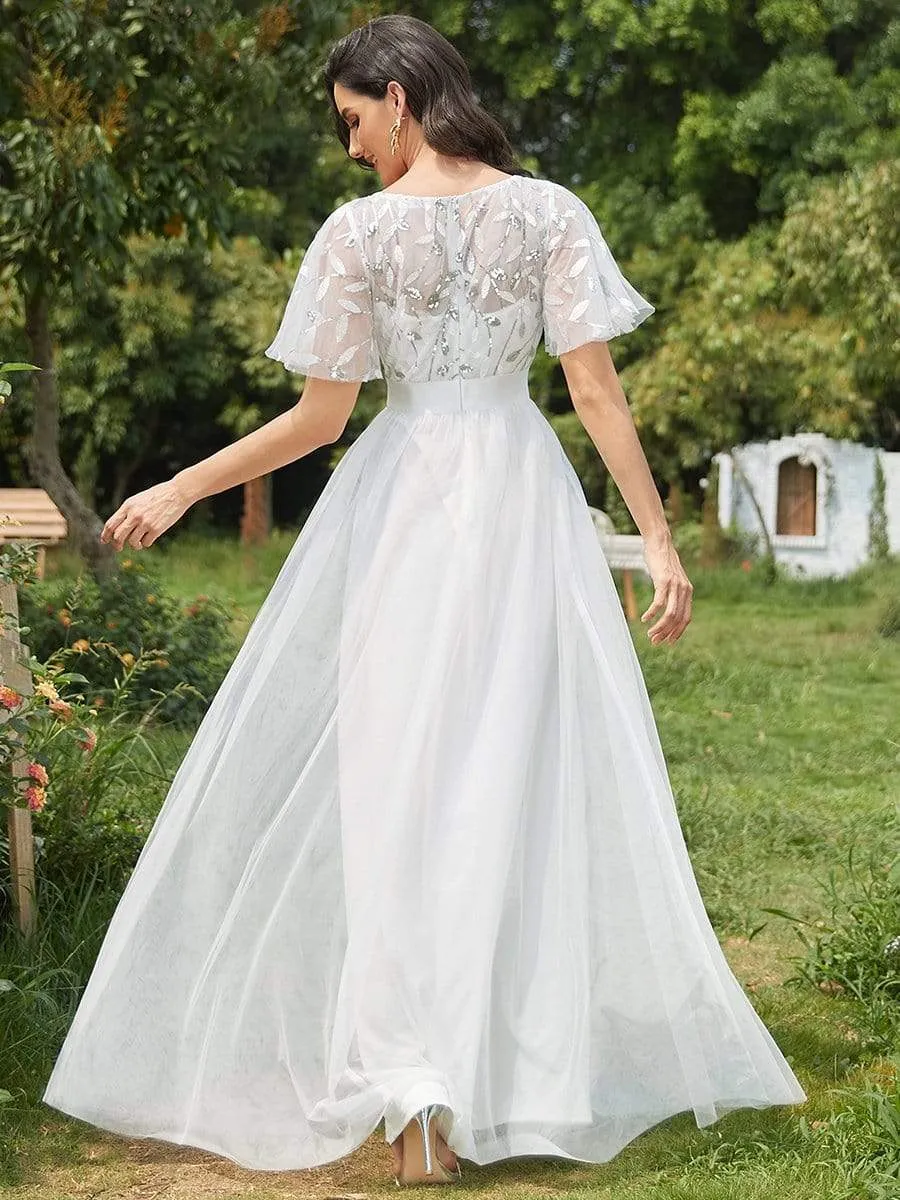 Elegant A-Line Short Sleeve Sequin Leaf Causal Wedding Dress