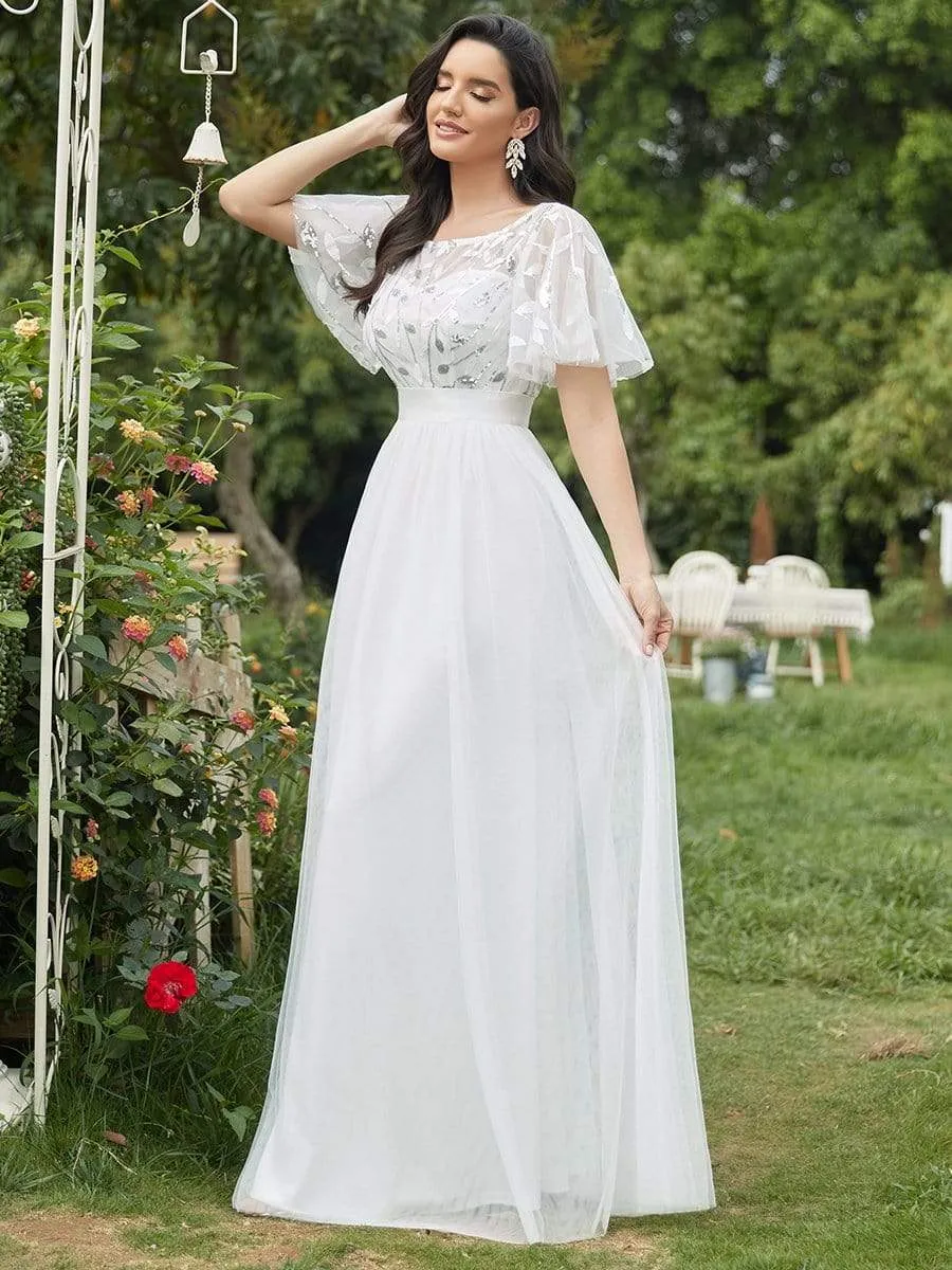 Elegant A-Line Short Sleeve Sequin Leaf Causal Wedding Dress