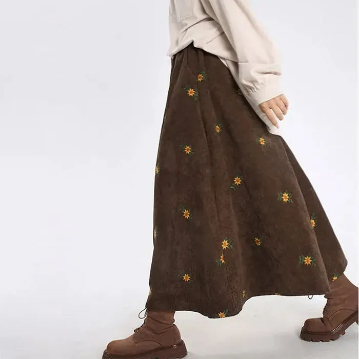 Floral Embroidery Corduroy Skirt