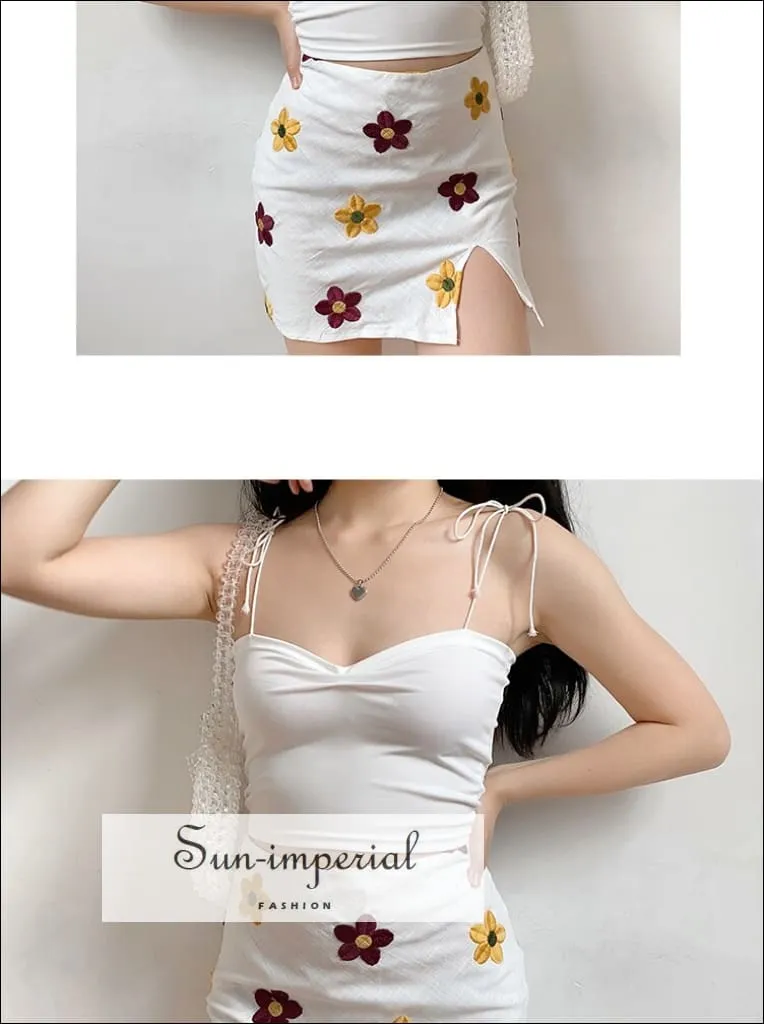 Floral Embroidery Women Skirt Summer High Waist Cotton Sliting Mini Womens Faldas Vintage Vacation