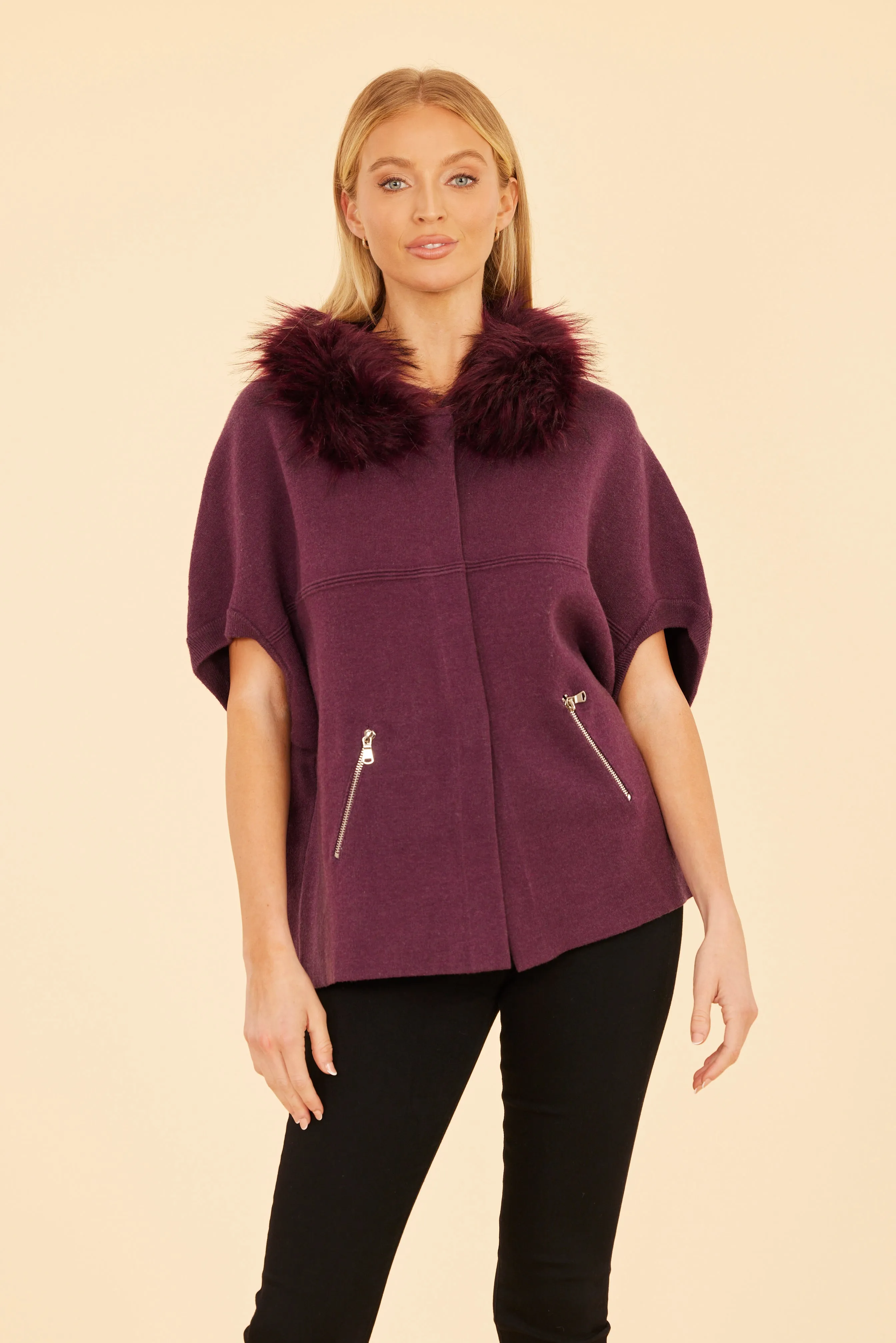 FW'24 Faux Fur Collar Short Sleeved Cardigan