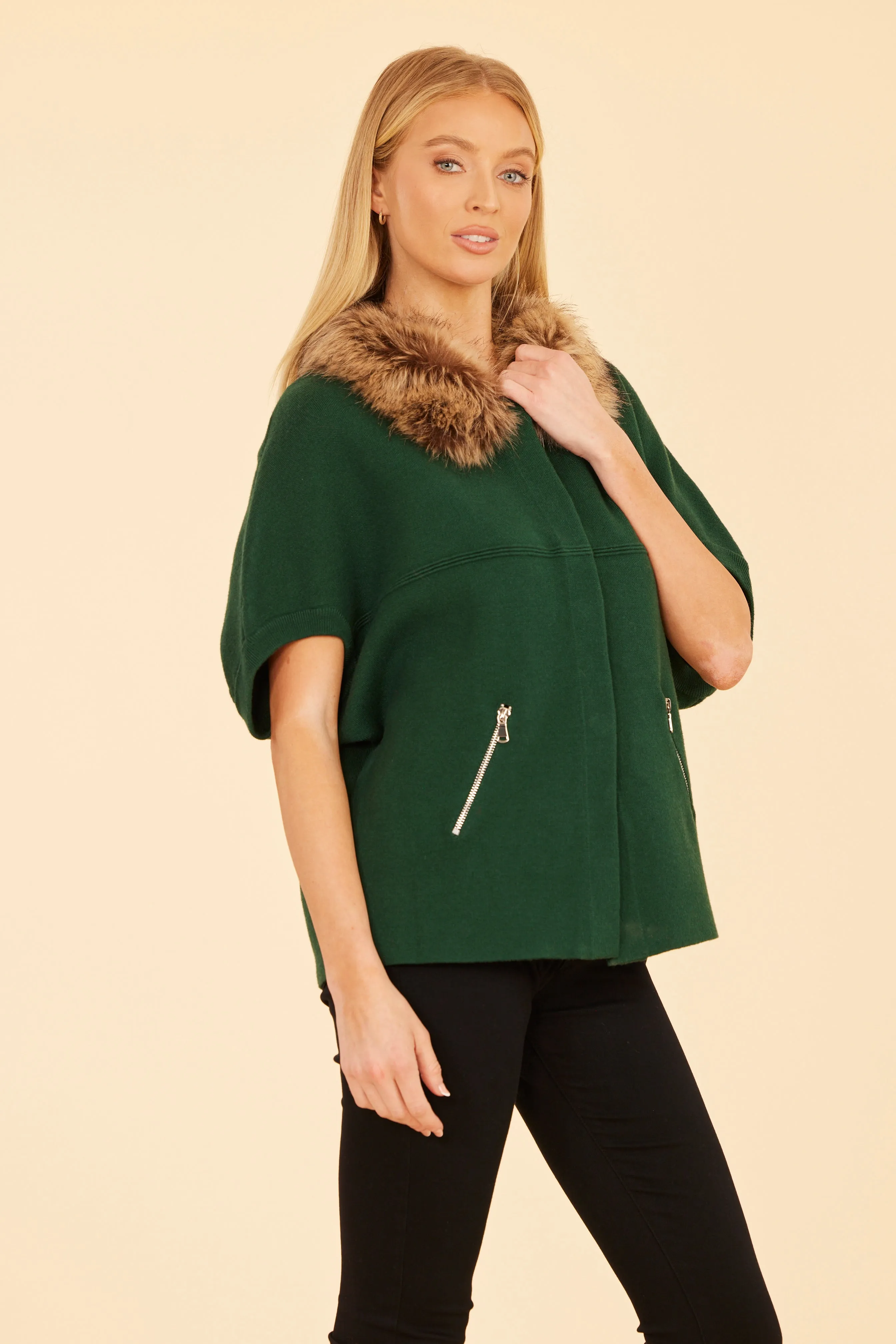 FW'24 Faux Fur Collar Short Sleeved Cardigan