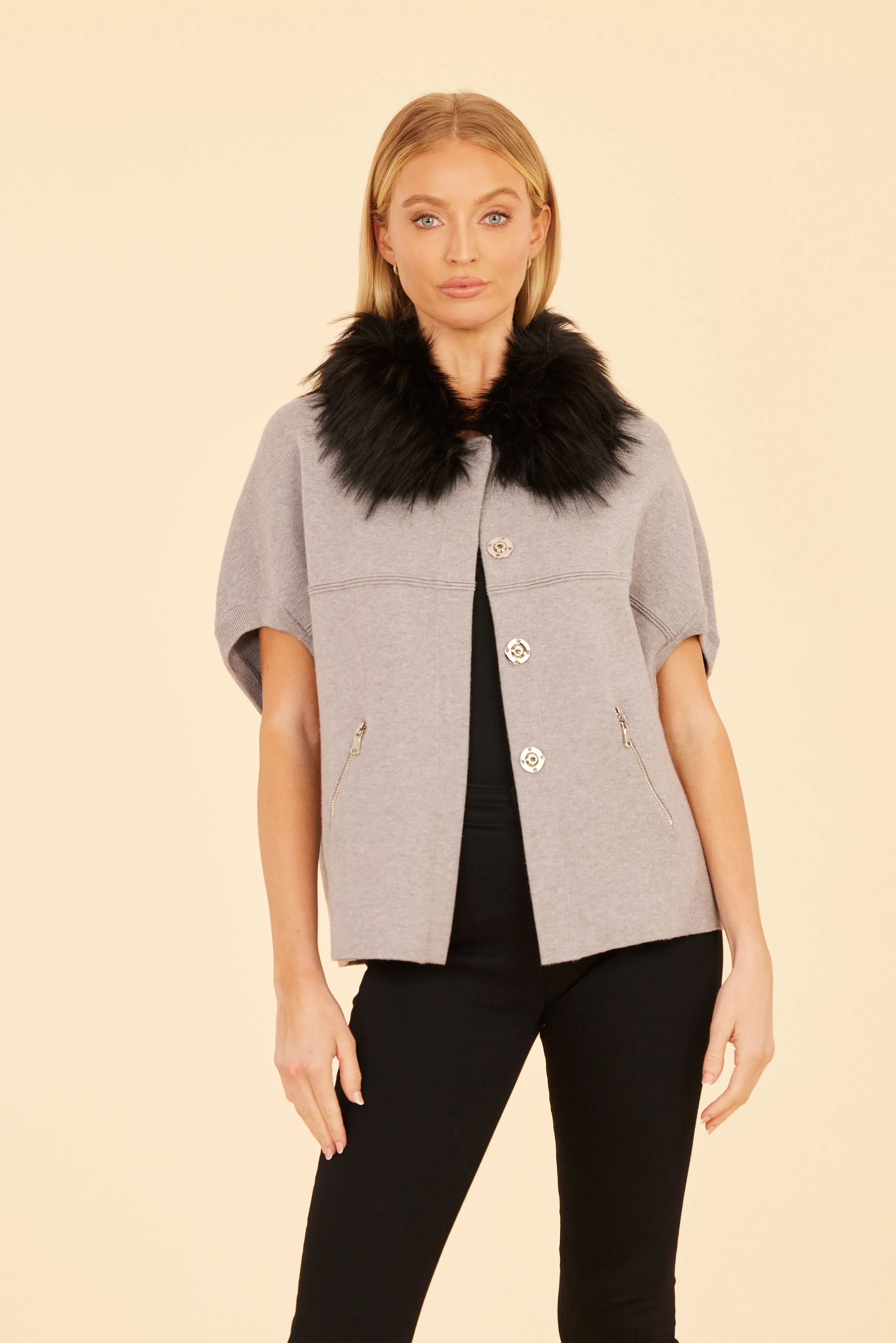 FW'24 Faux Fur Collar Short Sleeved Cardigan