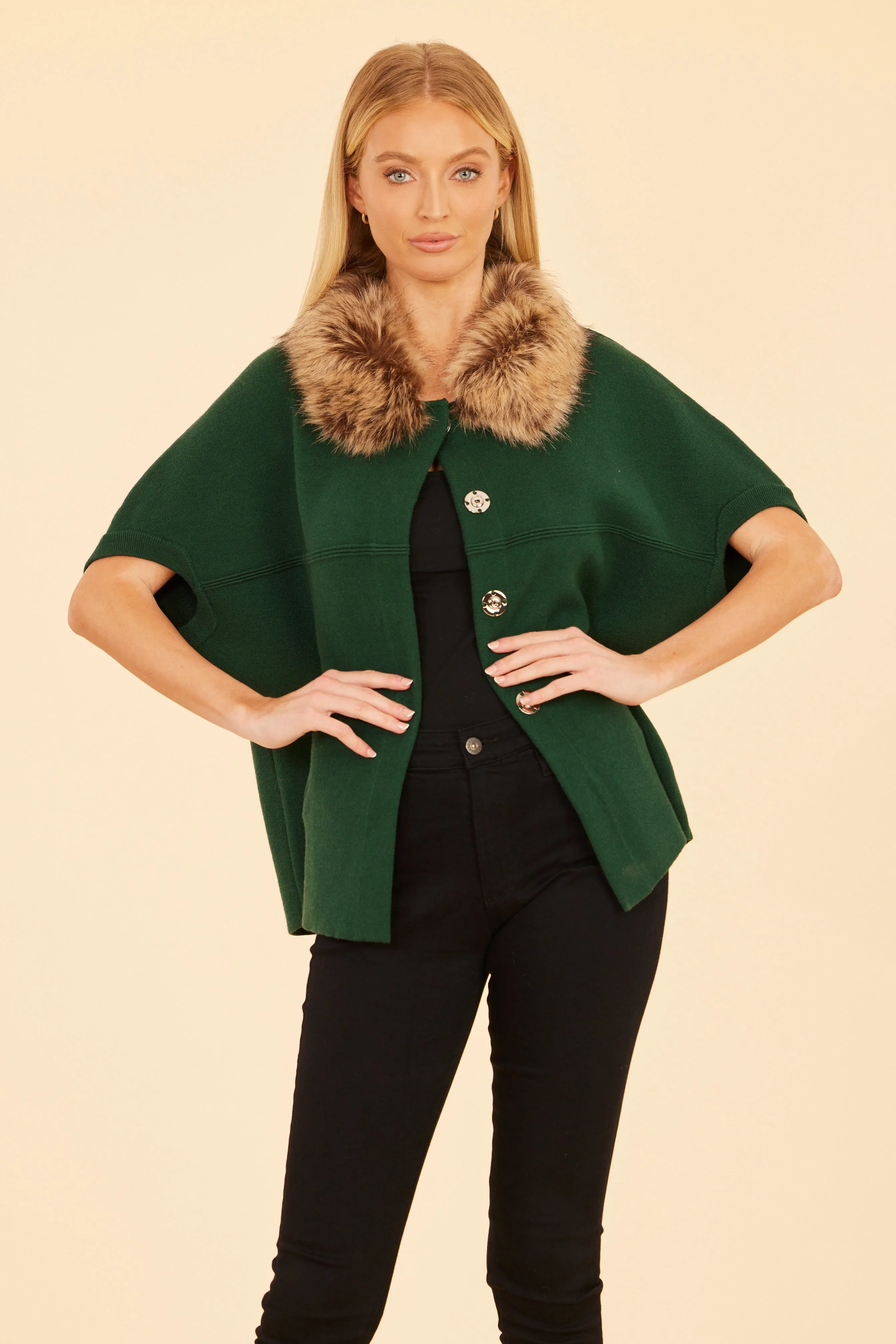 FW'24 Faux Fur Collar Short Sleeved Cardigan