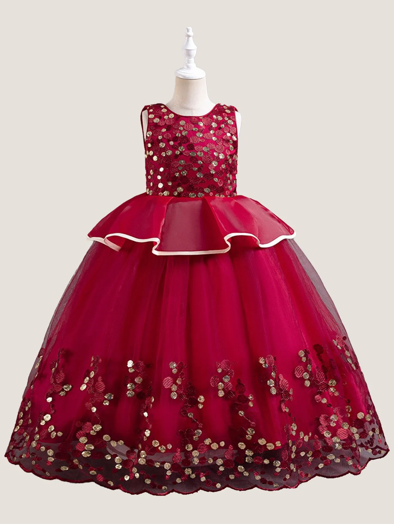 Girls long dress flower sequin mesh tulle simple princess dress