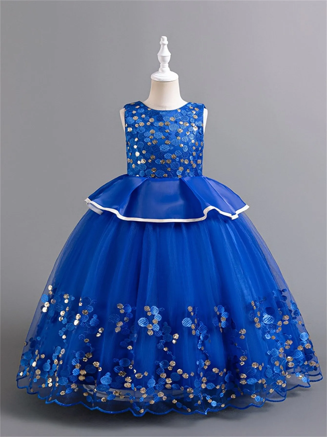 Girls long dress flower sequin mesh tulle simple princess dress