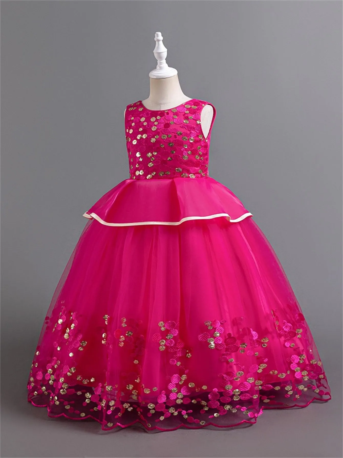 Girls long dress flower sequin mesh tulle simple princess dress