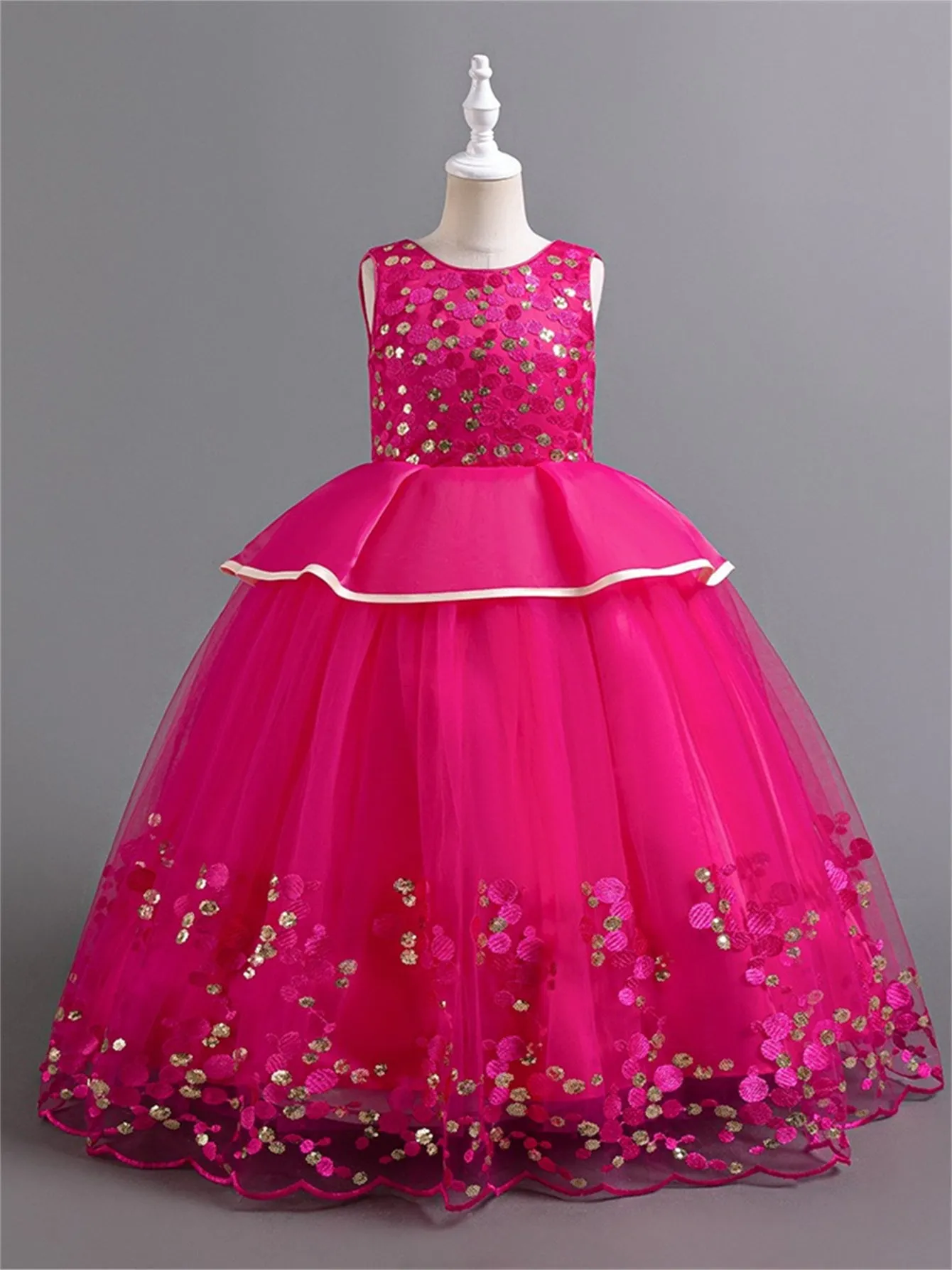 Girls long dress flower sequin mesh tulle simple princess dress