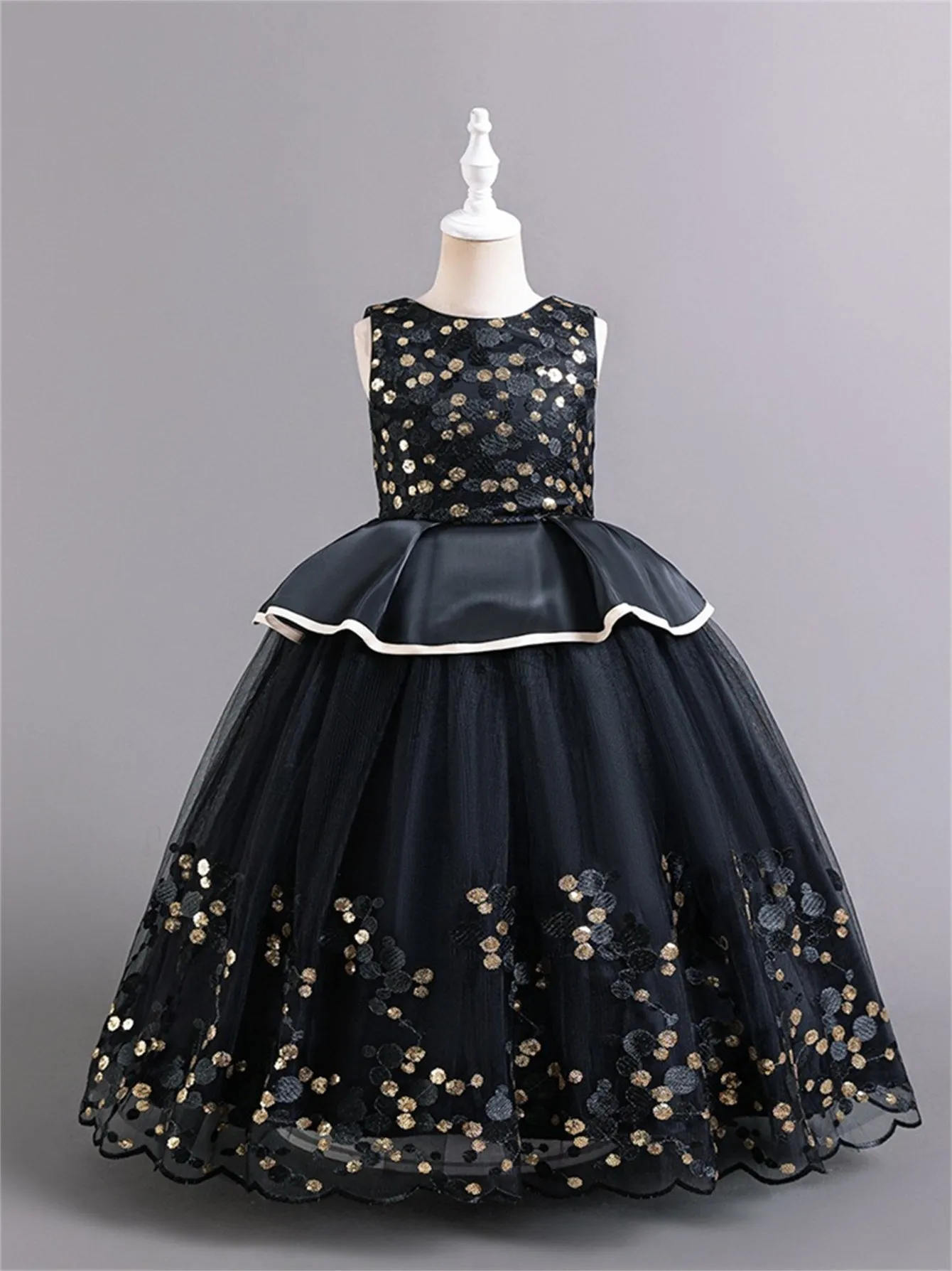 Girls long dress flower sequin mesh tulle simple princess dress