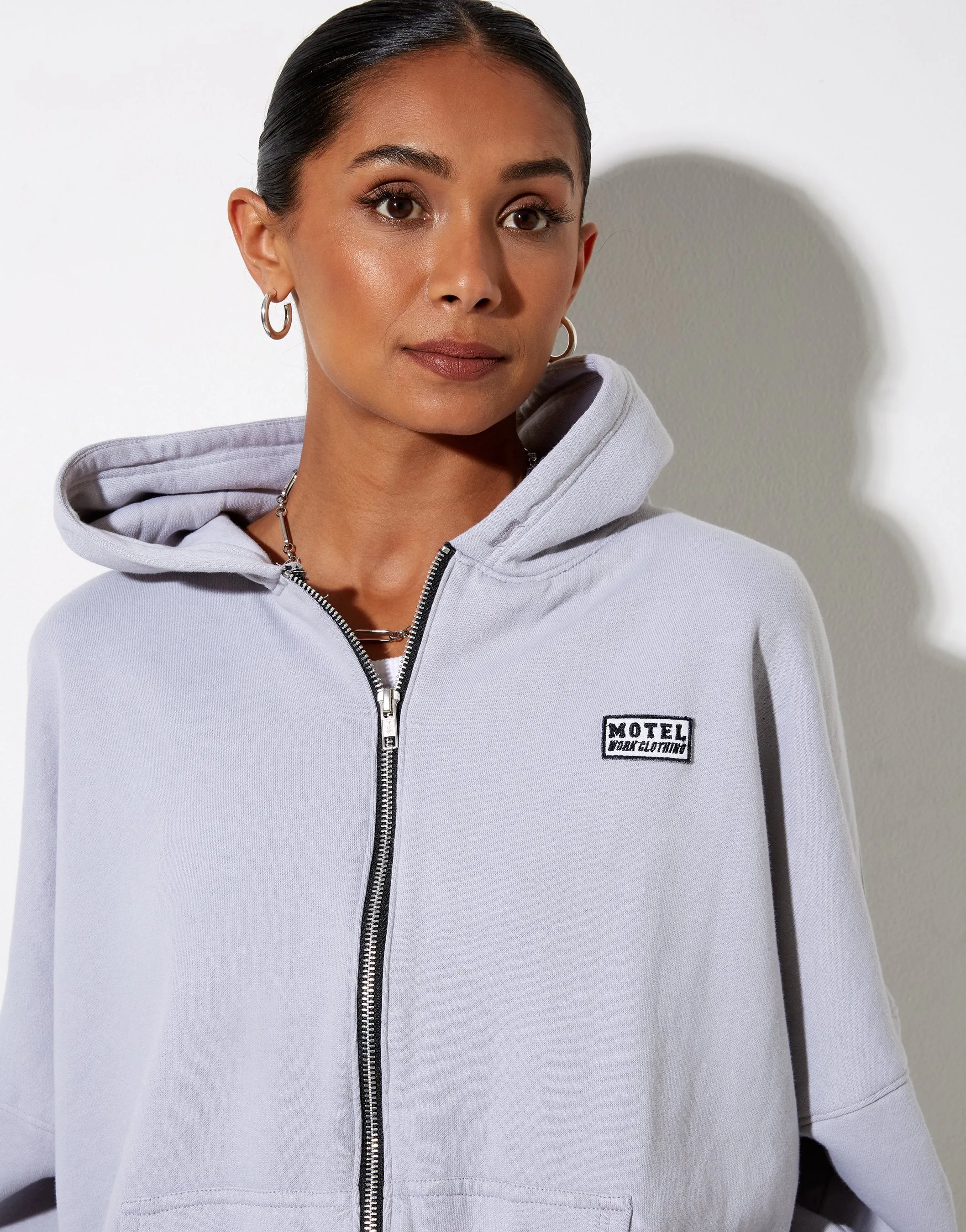 Hollack Hoodie in Lunar Rock with Motel Work Clothing Label Embro