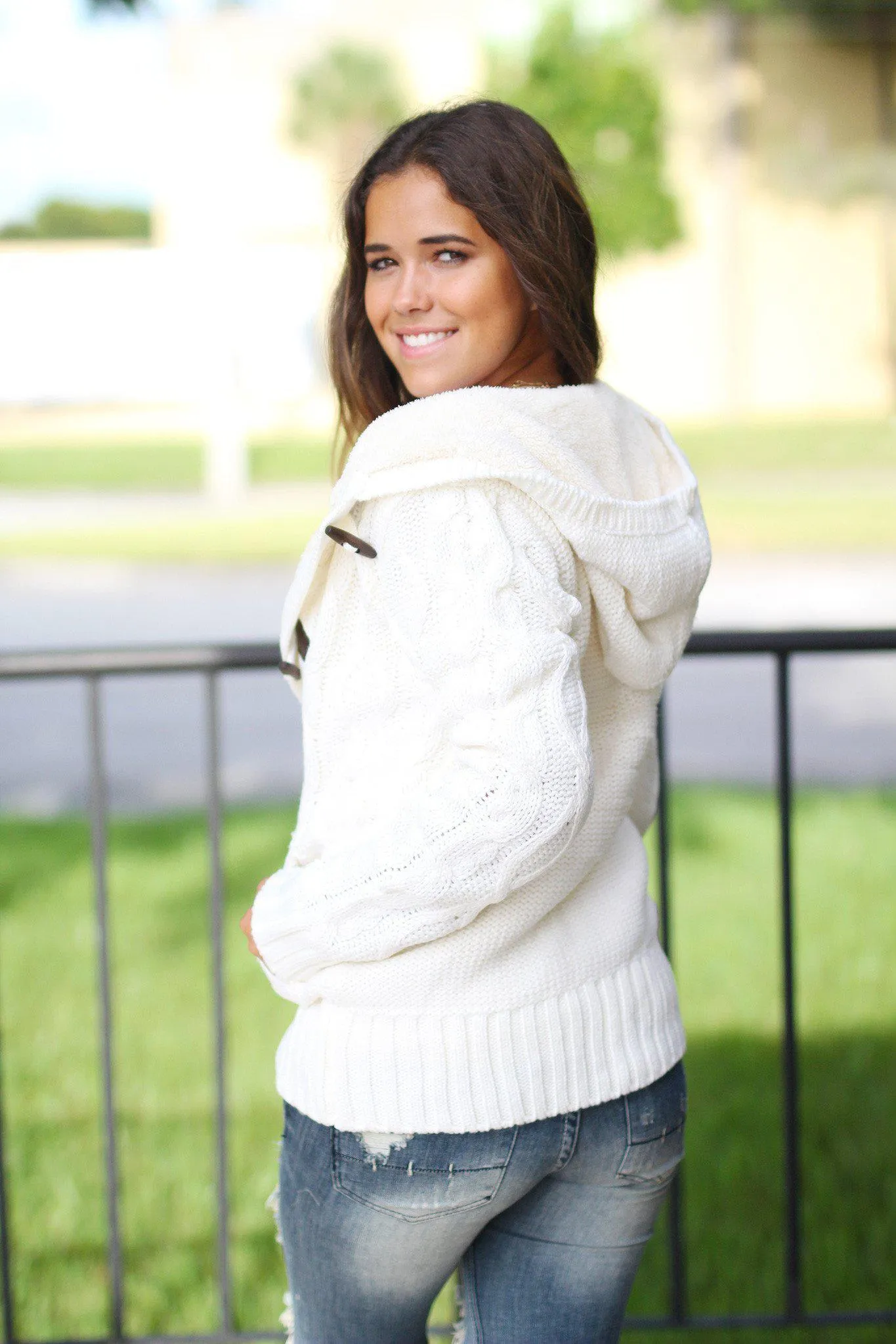 Ivory Knit Hooded Sweater with Fur