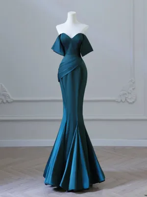 kamahe Simple Off Shoulder Satin Ink Blue Long Prom Dress, Ink Blue Long Formal Dress