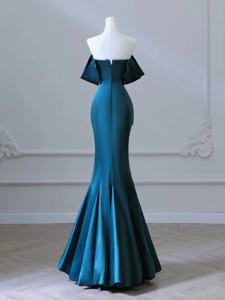 kamahe Simple Off Shoulder Satin Ink Blue Long Prom Dress, Ink Blue Long Formal Dress